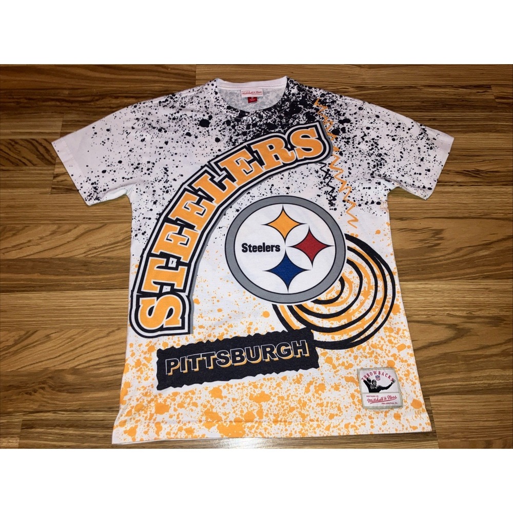 Mens Mitchell & Ness Pittsburgh Steelers Print‎ All Over Logo Shirt Size Small